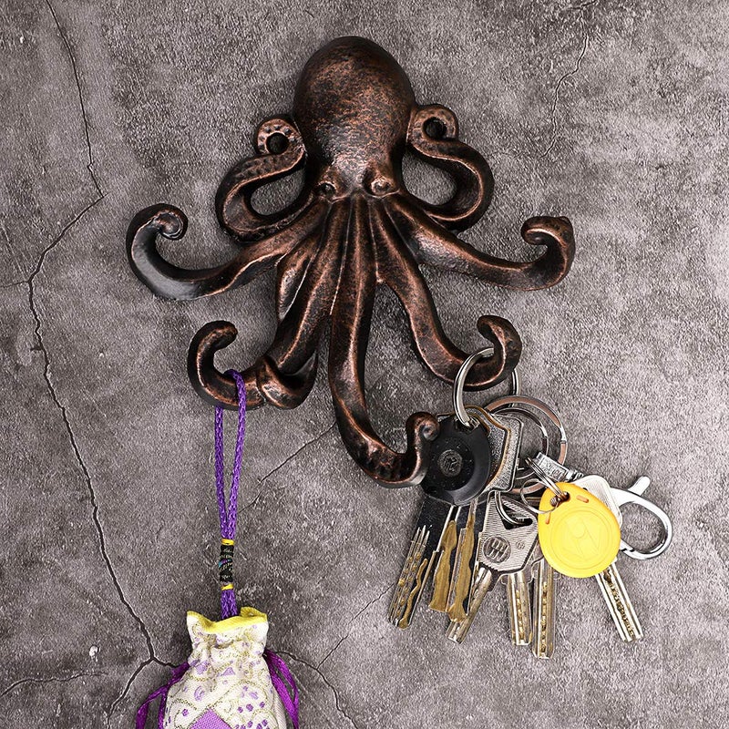 Sumnacon 6 Inch Cast Iron Octopus Decorative Coat Hook - Wall Mounted Nautical Hand Towel Rack Holder with Screws, Rustic Metal Clothing Hanger for Bedroom/Bathroom/Kitchen/Balcony, Red Bronze - Image 2